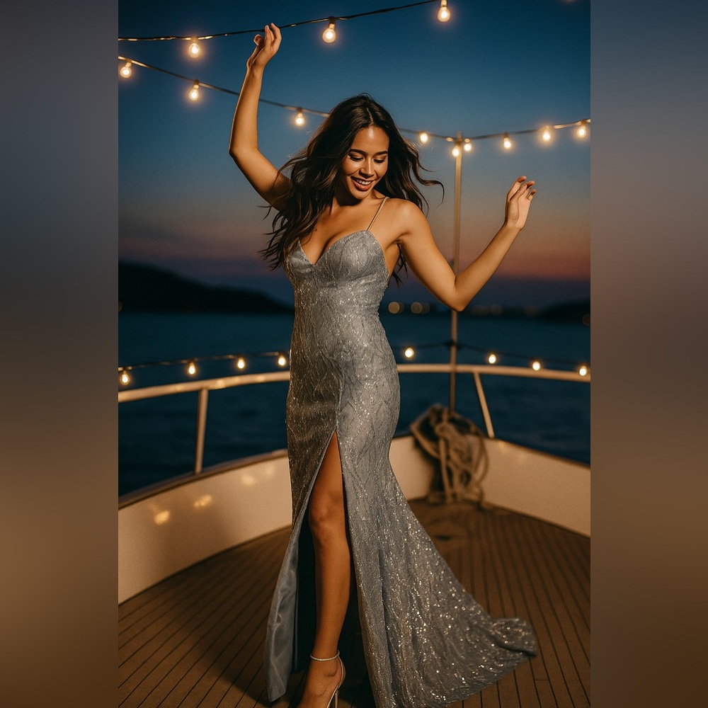 ✨ Dancing Queen Silver Sequin Lace-Up Gown – Size M